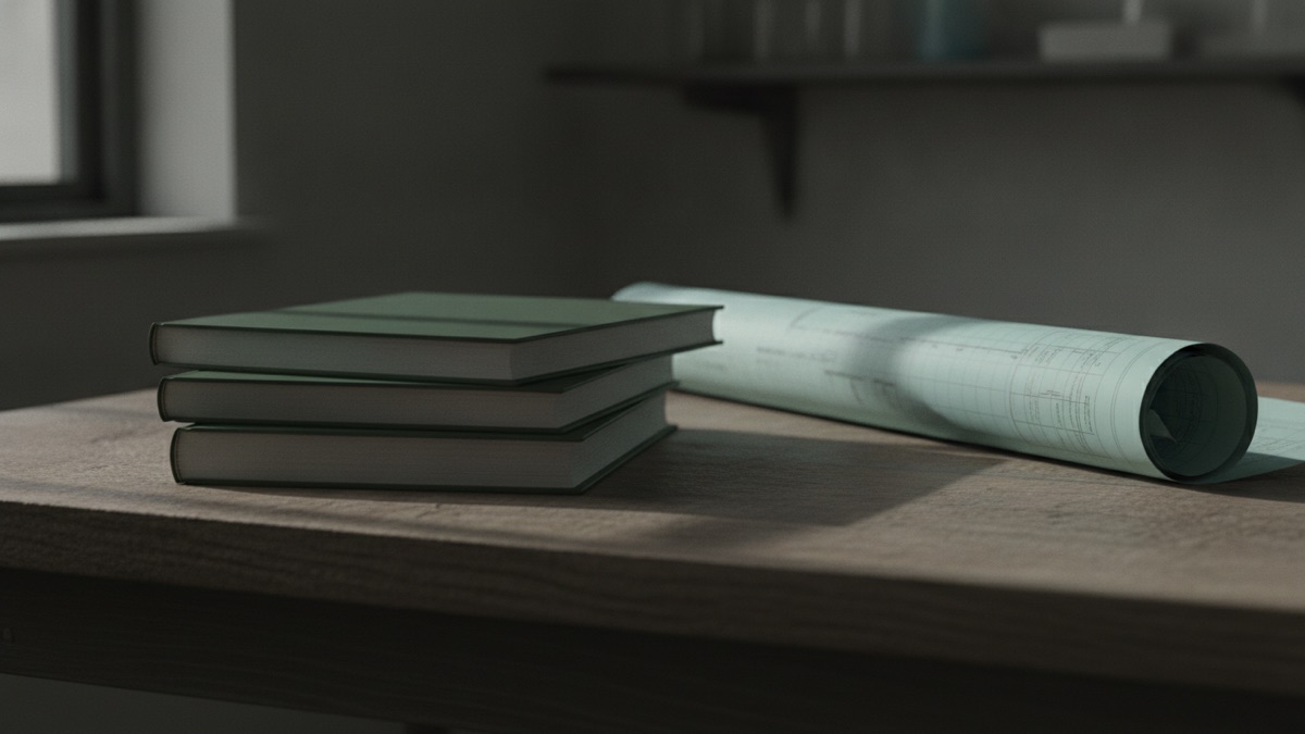 A stack of bound epidemiological journals beside a groundwater monitoring well log on a wooden table, lit from a window at one side