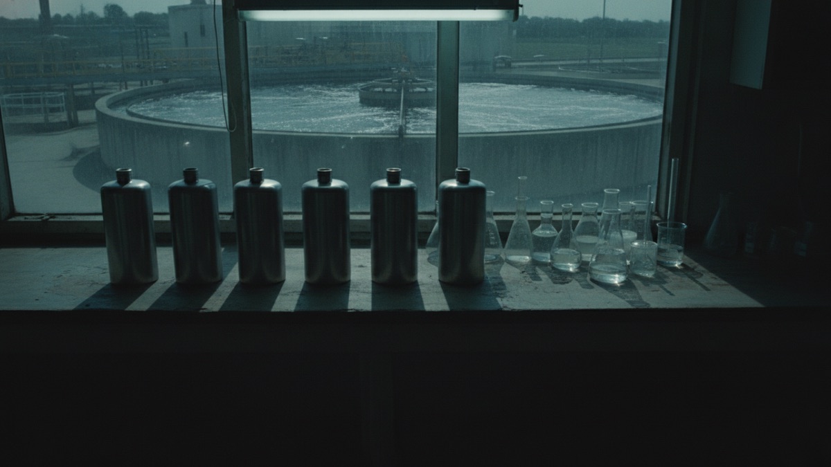 A row of stainless steel sample bottles on a laboratory bench beside a municipal water treatment plant clarifier seen through a window, no text or people in the frame