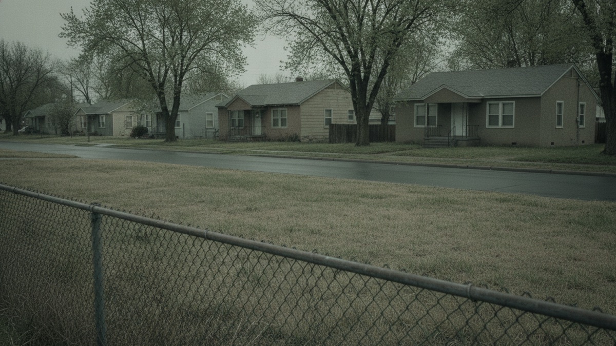 A row of modest single-family houses seen from across a quiet residential street, with a chain-link fence and an open grassy lot in the foreground, photographed on an overcast afternoon
