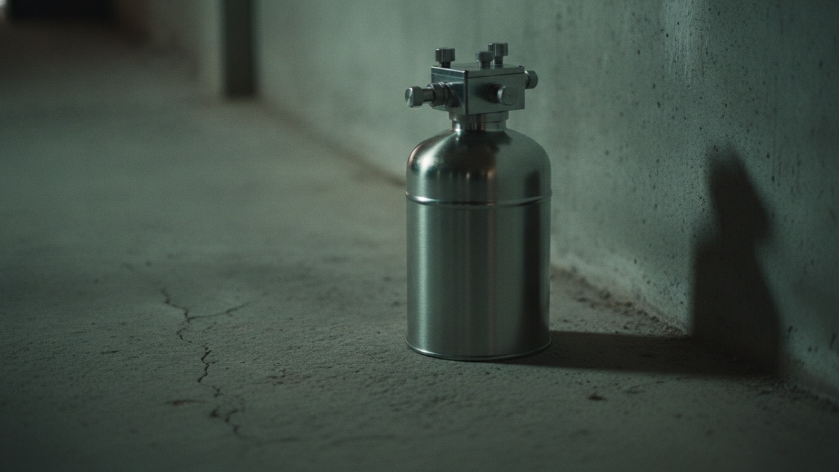 A stainless steel evacuated canister with a flow controller sitting on the concrete floor of an empty basement beside a foundation wall, photographed in daylight from a low angle