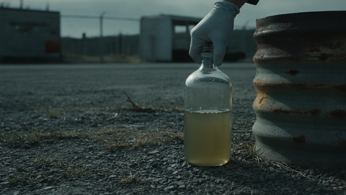 A gloved hand holding a groundwater sampling bottle beside a monitoring well casing in an industrial lot