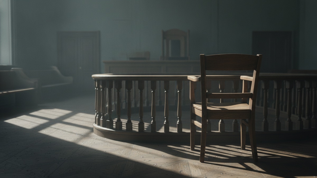 An empty wooden witness chair beside a low rail in a quiet courtroom, morning light falling across the floor
